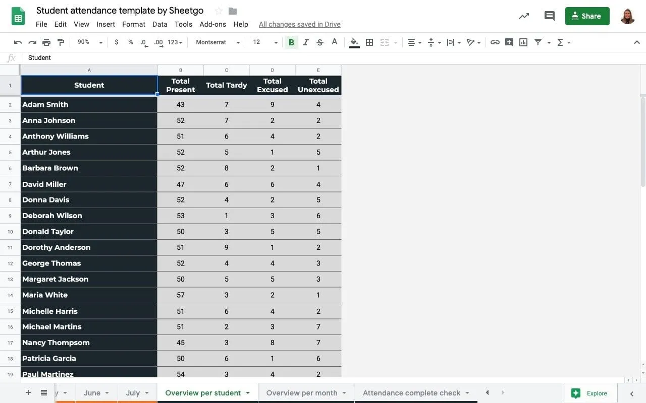 Student attendance tracker template in Google Sheets/ Overview per student