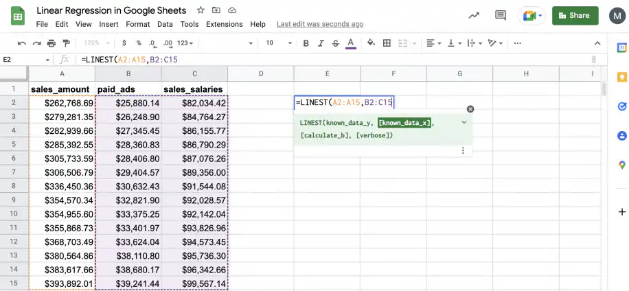 Multiple linear regression in Google Sheets — paid_ads and sales_salaries ranges added as known_data_x