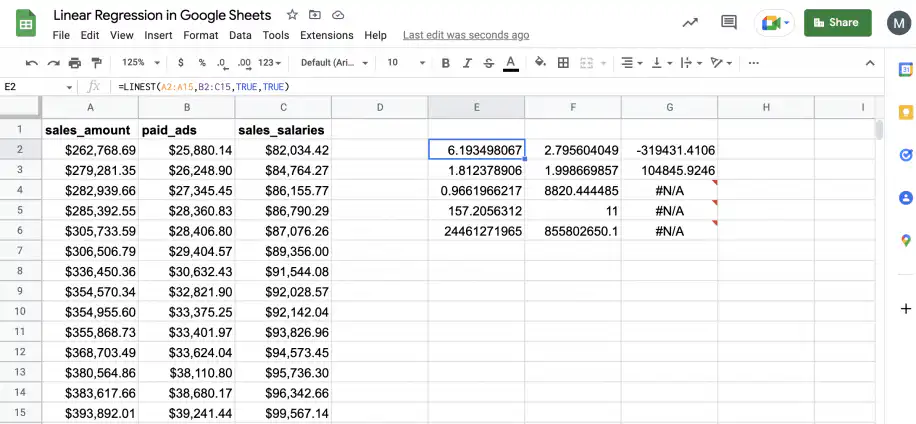 Multiple linear regression in Google Sheets — LINEST output with #N/A in the unused cells