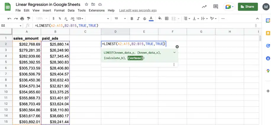 Linear regression in Google Sheets — calculate_b and verbose set to TRUE in LINEST