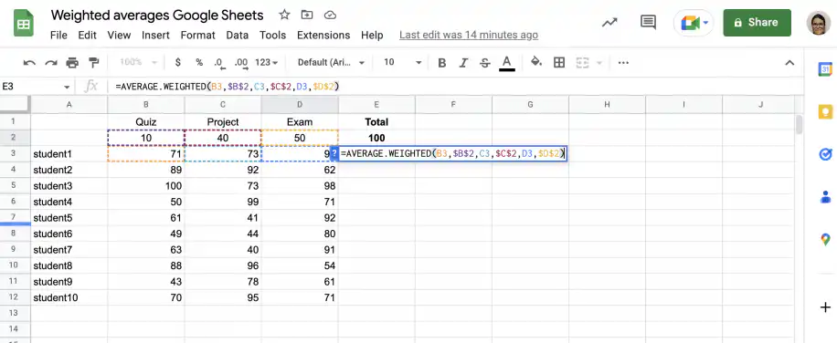 AVERAGE.WEIGHTED in Google Sheets — =AVERAGE.WEIGHTED(B3,$B$2,C3,$C$2,D3,$D$2) in cell E3