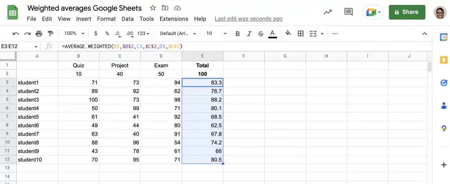 Google Sheets weighted average — AVERAGE.WEIGHTED final grades in column E for student1 to student10