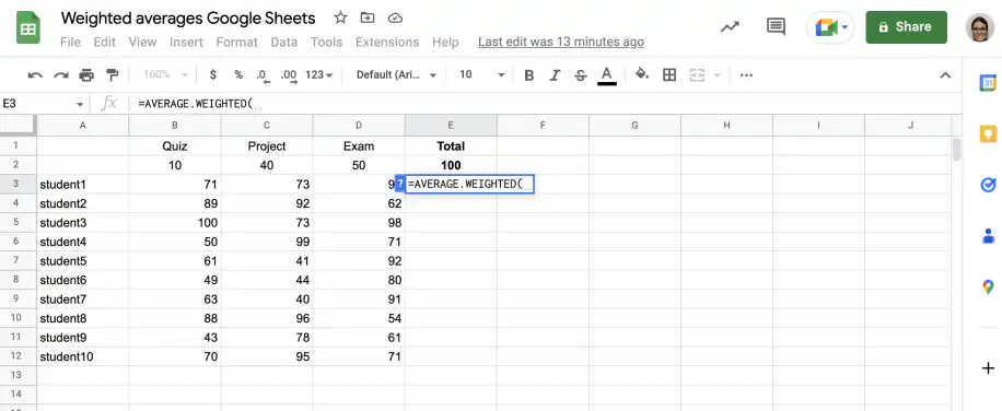 AVERAGE.WEIGHTED in Google Sheets — =AVERAGE.WEIGHTED( typed in cell E3