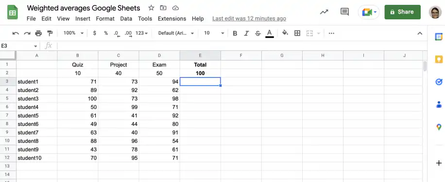 Google Sheets weighted average — grade table with cell E3 selected for the AVERAGE.WEIGHTED function