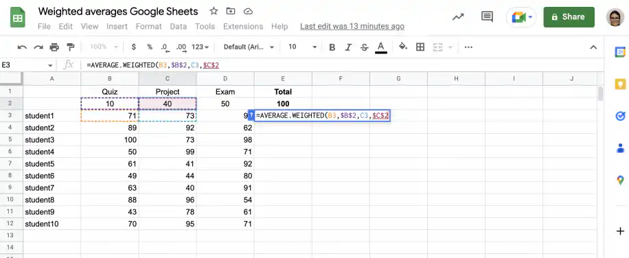 AVERAGE.WEIGHTED in Google Sheets — C3 and $C$2 added for the project grade and weight