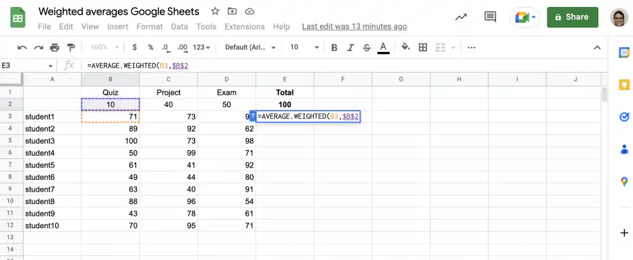 AVERAGE.WEIGHTED in Google Sheets — B3 and $B$2 entered as the quiz grade and weight