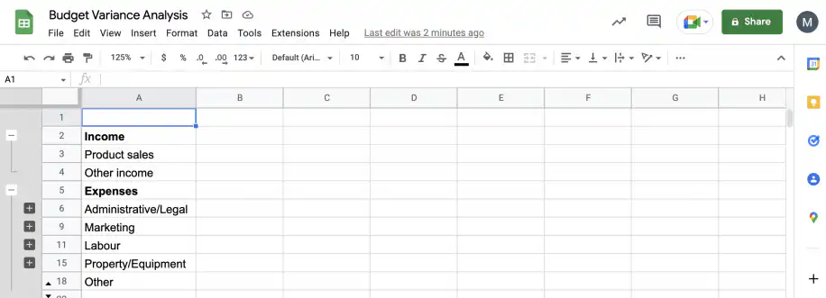 Rapport d'écarts budgétaires : tableau Google Sheets avec les postes de produits et de charges dans la colonne A