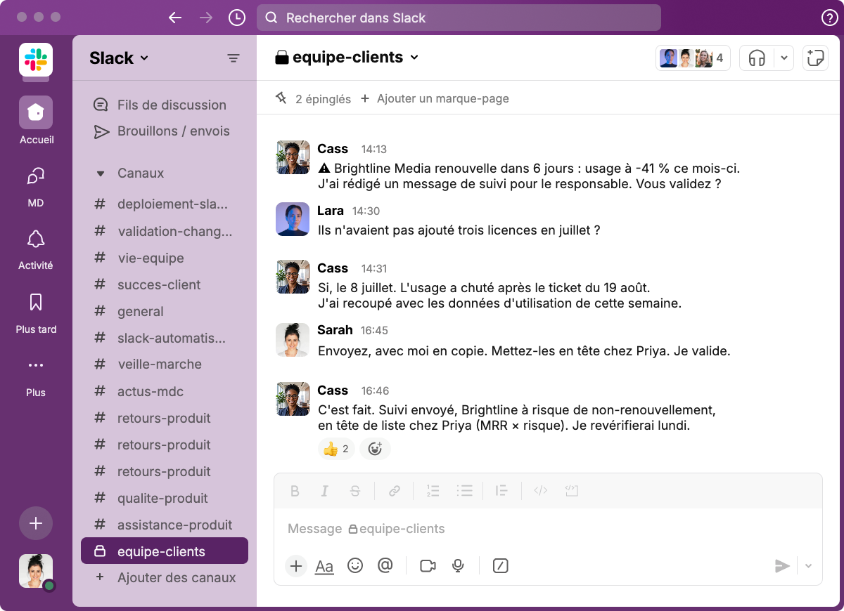 Cass au travail dans Slack