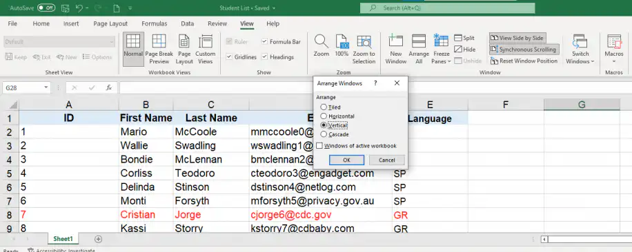 Comparar arquivos do Excel — caixa de diálogo Organizar Janelas com a opção Vertical selecionada