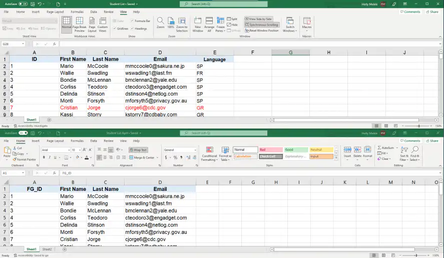 Comparar arquivos do Excel — duas pastas de trabalho Student List empilhadas uma sobre a outra