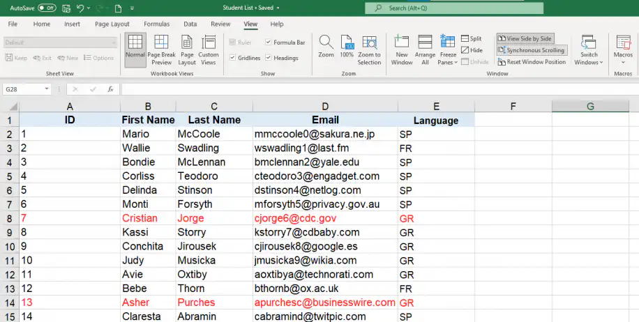 Comparar arquivos do Excel — Rolagem Sincronizada ativada no grupo Janela da guia Exibir