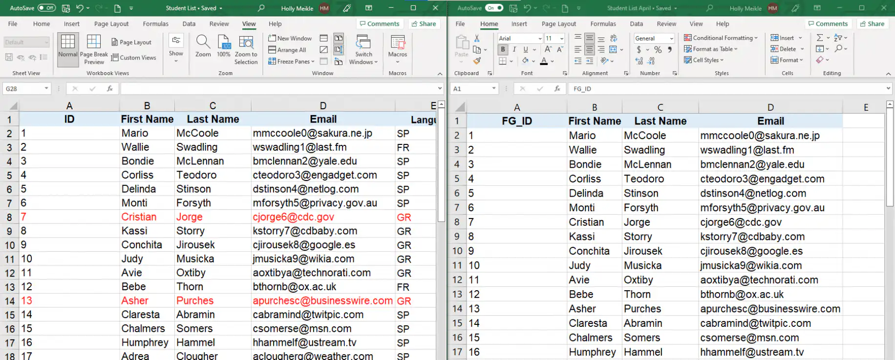 Comparar arquivos do Excel — duas pastas de trabalho Student List organizadas uma ao lado da outra