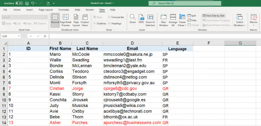 Comparar arquivos do Excel — guia Exibir com Exibir Lado a Lado selecionado sobre a pasta de trabalho Student List