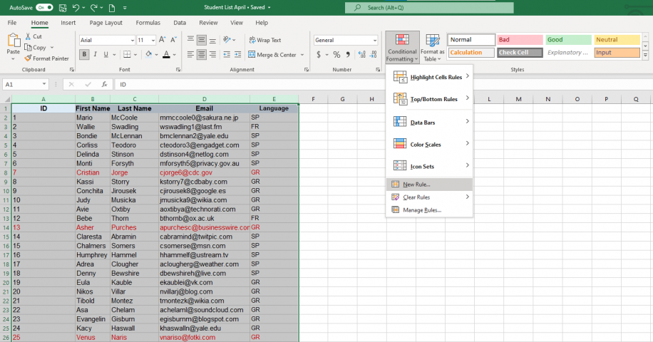 Comparar planilhas do Excel — menu Formatação Condicional aberto com Nova Regra no final