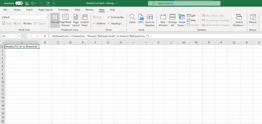 Comparar planilhas do Excel com uma fórmula — a célula A1 retorna Sheet1:FG_ID vs Sheet2:ID