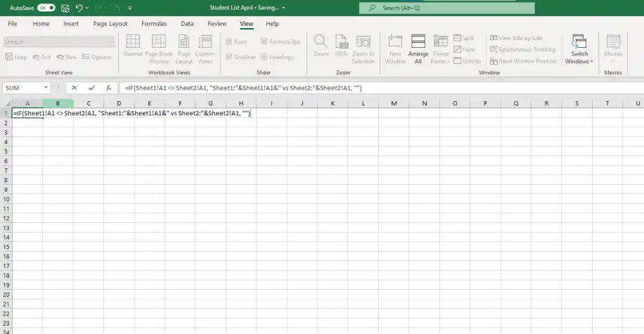 Comparar planilhas do Excel com uma fórmula — fórmula IF que compara Sheet1!A1 e Sheet2!A1 digitada na célula A1