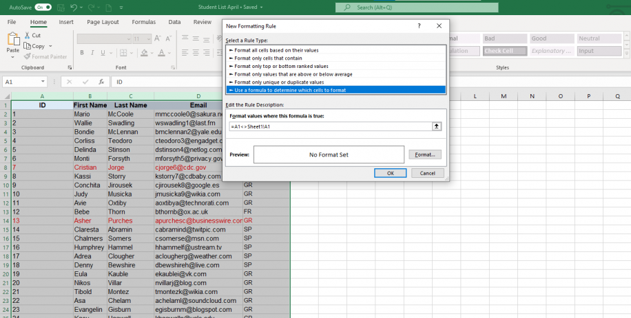 Comparar planilhas do Excel — fórmula da regra que compara A1 com Sheet1!A1 e o botão Formatar ao lado de Visualização