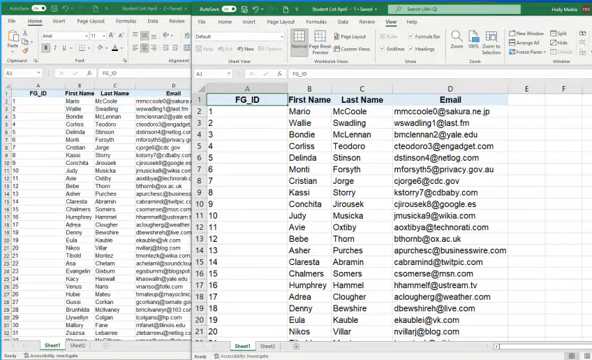 Comparar planilhas do Excel — a mesma pasta de trabalho Student List April aberta em duas janelas