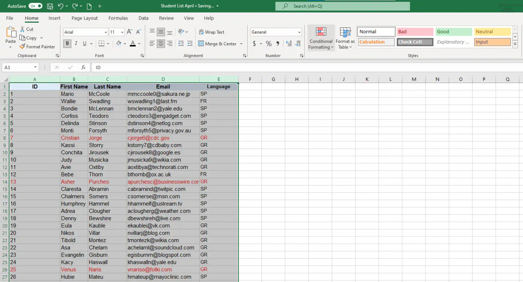 Comparar planilhas do Excel — dados de Student List selecionados da coluna ID até a coluna Language