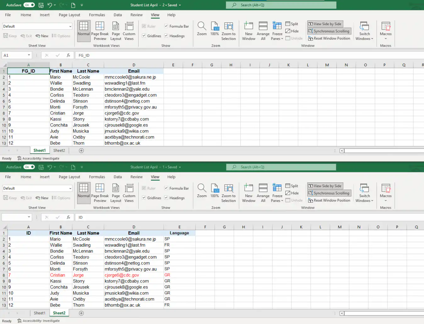 Comparar planilhas do Excel — Sheet1 e Sheet2 de uma mesma pasta de trabalho em duas janelas empilhadas