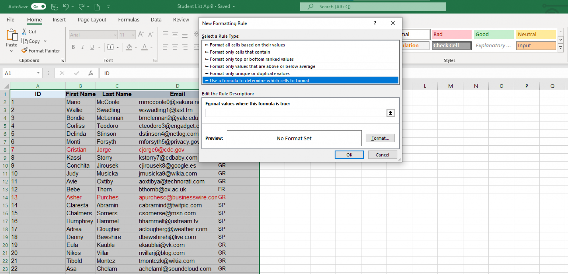 Comparar planilhas do Excel — caixa de diálogo Nova Regra de Formatação com Usar uma fórmula para determinar quais células devem ser formatadas selecionado