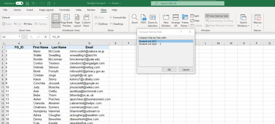 Comparar vários arquivos do Excel — caixa de diálogo Comparar Lado a Lado com as pastas de trabalho Student List abertas