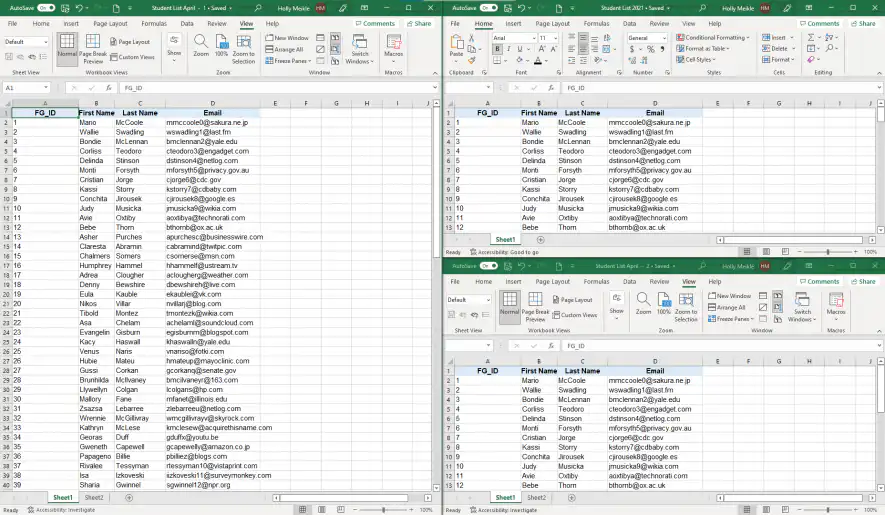 Comparar vários arquivos do Excel — três janelas de Student List organizadas lado a lado