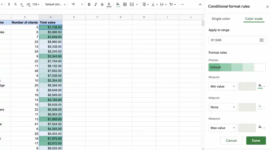 Escala de cores da formatação condicional — guia Escala de cores aberta para o intervalo D1:D45