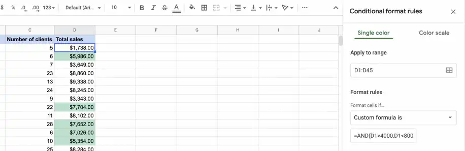 Fórmula personalizada na formatação condicional — campo A fórmula personalizada é com uma fórmula AND para D1:D45