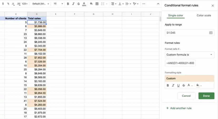 Fórmula personalizada na formatação condicional — estilo de formatação laranja definido para a regra AND