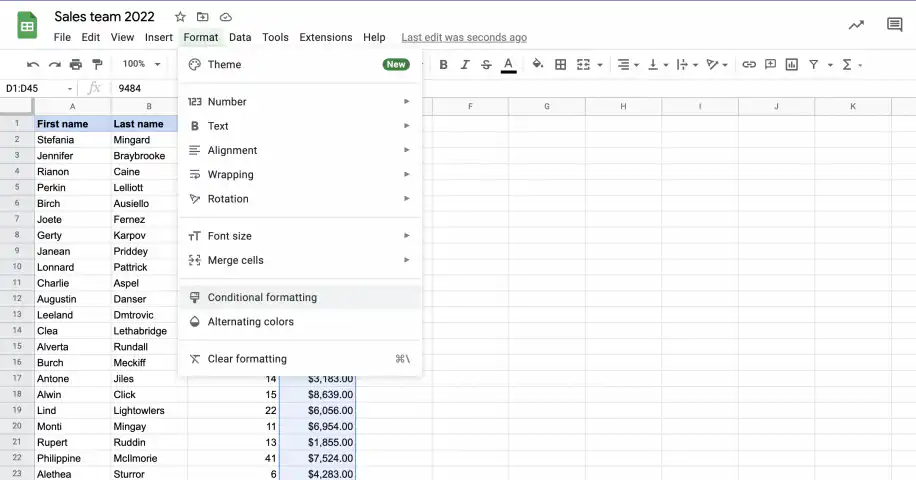 Formatação condicional no Google Sheets — menu Formatar aberto com Formatação condicional destacada