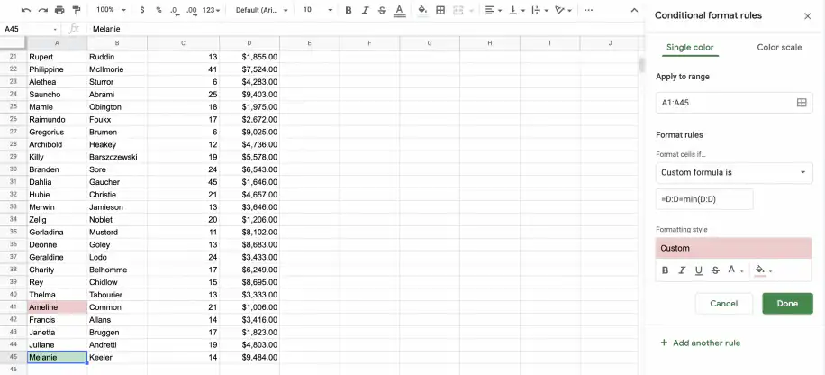 Formatação condicional com várias condições — segunda regra =D:D=min(D:D) em vermelho