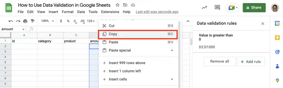 Copier la validation des données dans Google Sheets — menu contextuel sur D2 avec Copier en surbrillance