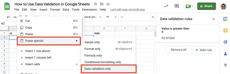 Copier des règles de validation des données dans Google Sheets — menu Collage spécial avec Validation des données uniquement en surbrillance