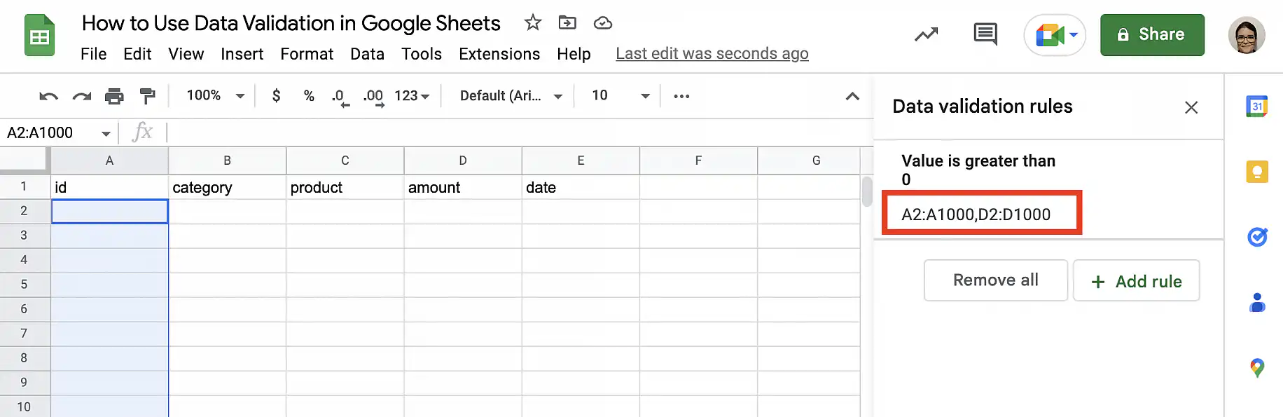 Copier la validation des données dans Google Sheets — règle désormais appliquée à A2:A1000 et D2:D1000