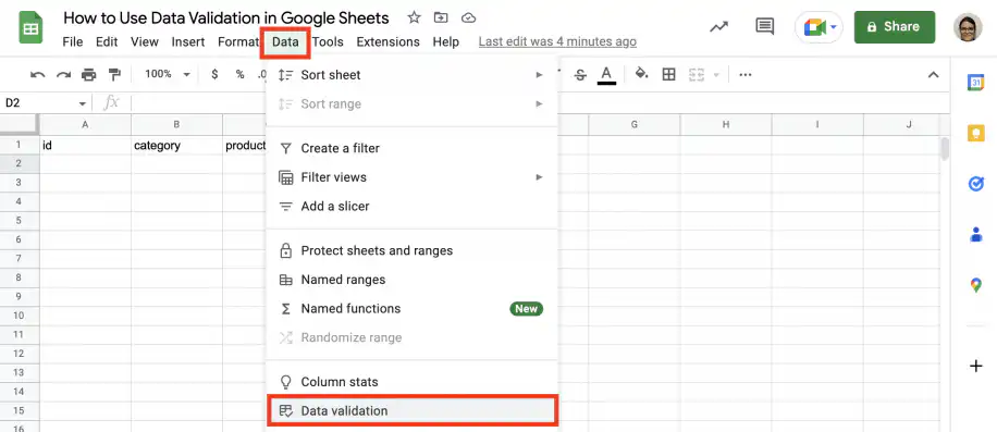 Validation des données dans Google Sheets — menu Données ouvert avec Validation des données en surbrillance