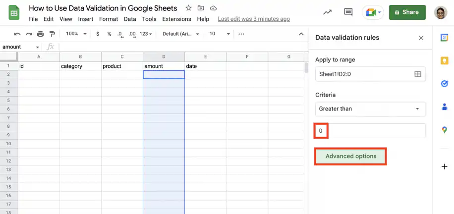 Validation des données dans Google Sheets — critère Supérieur à avec la valeur 0 et le bouton Options avancées
