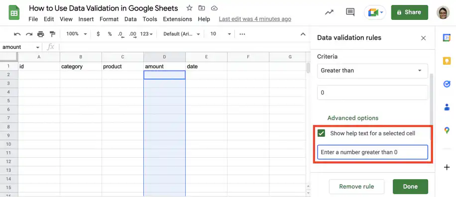 Validation des données dans Google Sheets — texte d'aide Saisissez un nombre supérieur à 0 dans Options avancées