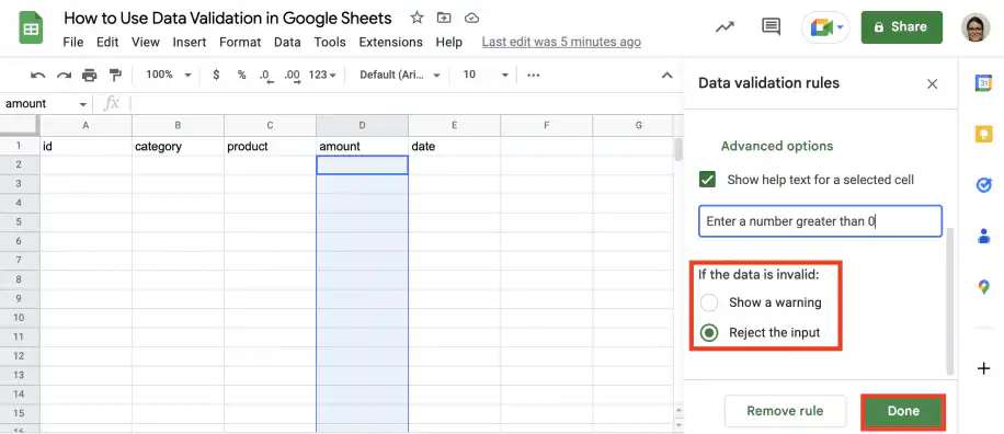 Option de refus de la saisie dans la validation des données de Google Sheets — Refuser la saisie sélectionné sous Si les données ne sont pas valides