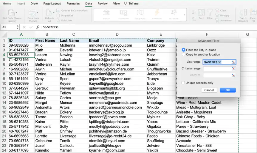 Excluir duplicatas no Excel, mas manter uma — caixa de diálogo Filtro Avançado com Filtrar a lista no local selecionado
