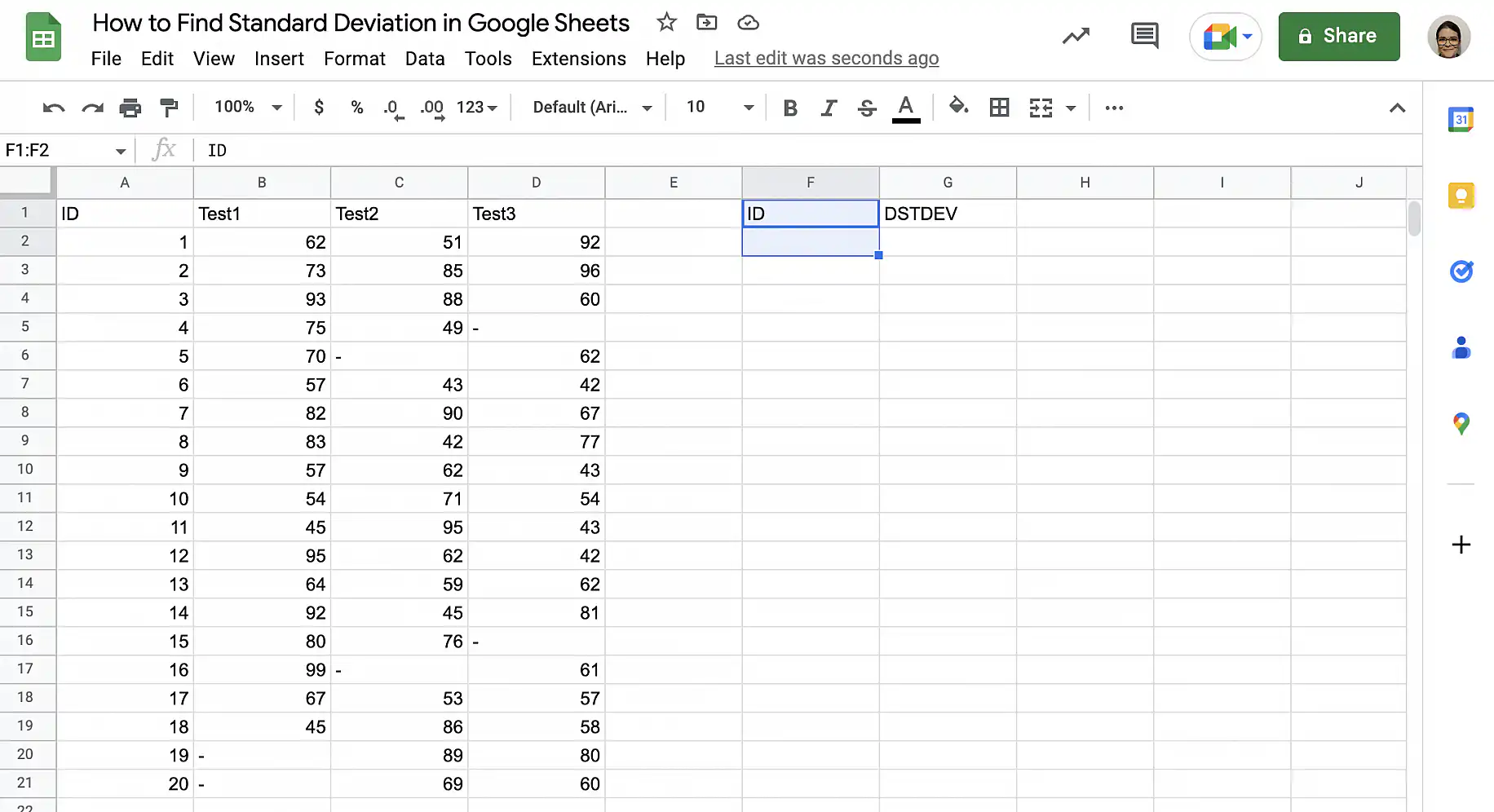 DSTDEV no Google Sheets: matriz de critérios com o cabeçalho ID em F1 e uma célula vazia abaixo