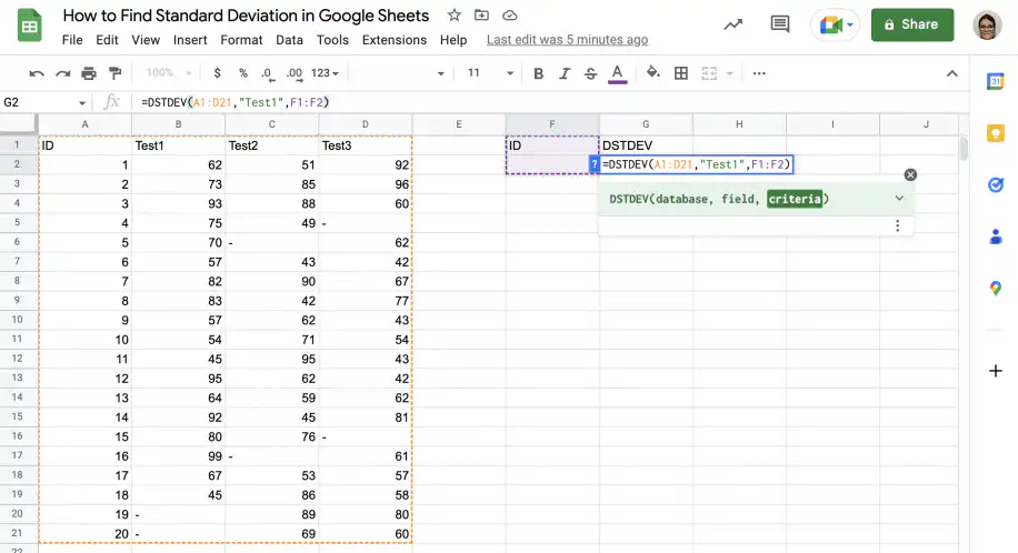 DSTDEV no Google Sheets: intervalo de critérios F1:F2 adicionado para concluir a fórmula