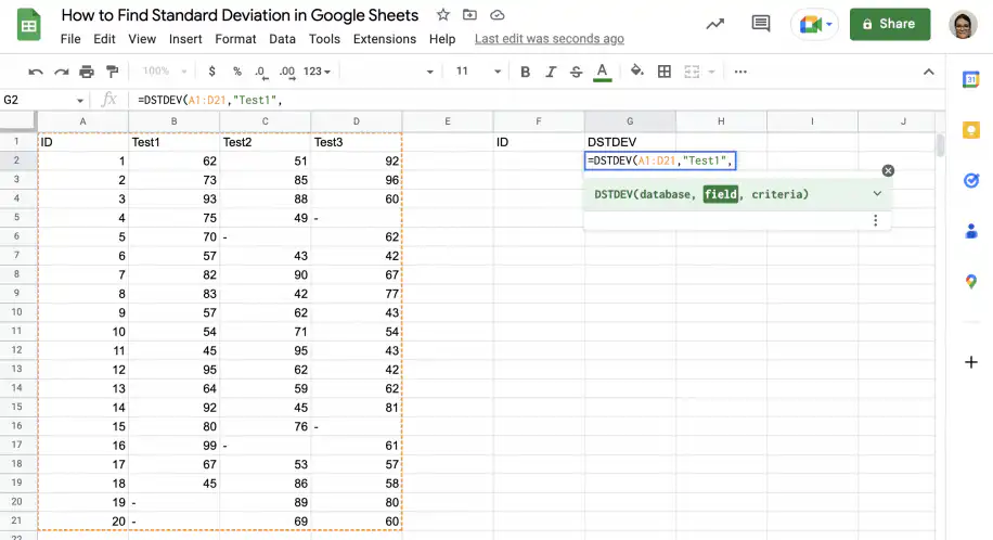 DSTDEV no Google Sheets: rótulo de campo Test1 adicionado, com a dica banco de dados, campo, critérios