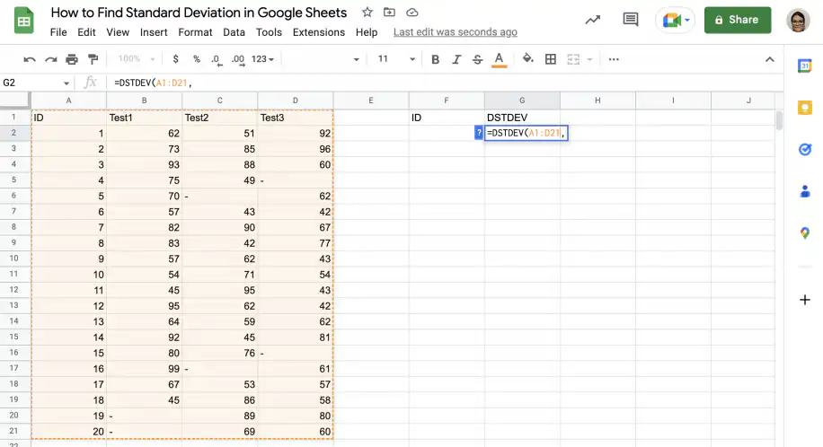 DSTDEV no Google Sheets: DSTDEV com a tabela A1:D21 selecionada, cabeçalhos incluídos
