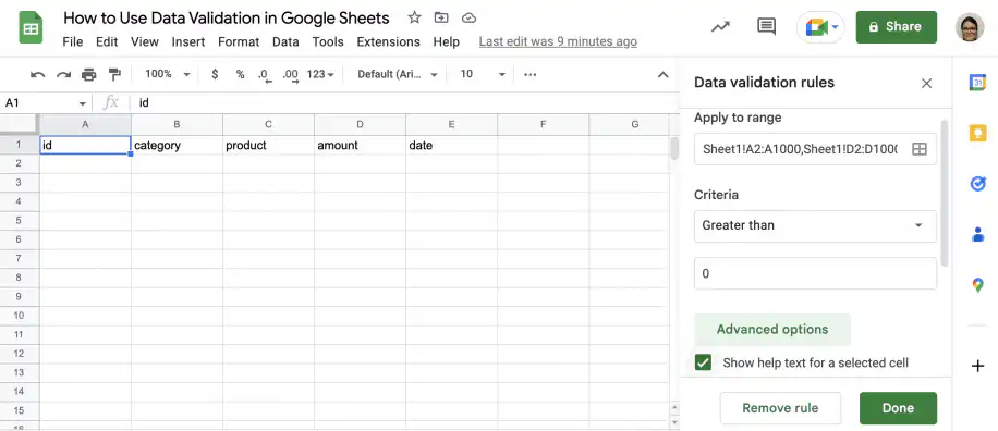 Modifier la validation des données dans Google Sheets — options de la règle avec Appliquer à la plage, Supérieur à 0 et texte d'aide