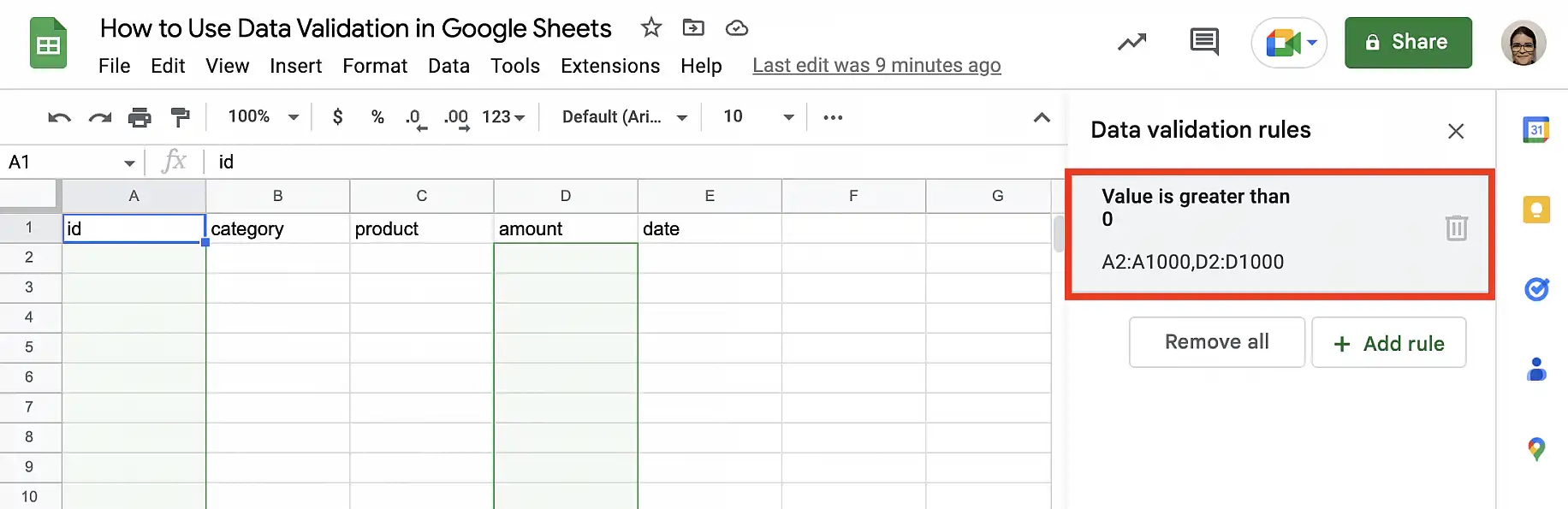 Modifier la validation des données dans Google Sheets — règle La valeur est supérieure à 0 sélectionnée dans le panneau latéral