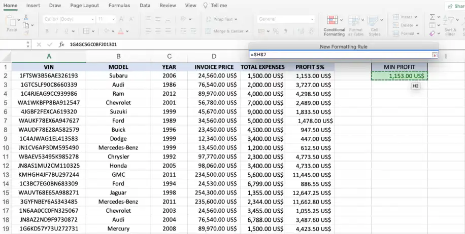 Formatação condicional no Excel com base em outra célula — =$H$2 inserido no campo da fórmula ao lado da célula Min Profit