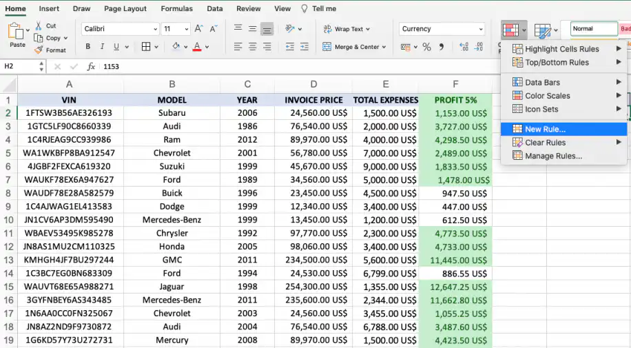 Formatação condicional no Excel com base em outra célula — menu Formatação Condicional com Nova Regra selecionado