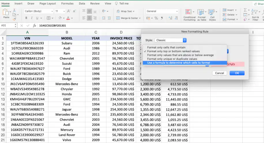 Formatação condicional no Excel com base em outra célula — lista de tipos de regra com Usar uma fórmula para determinar quais células devem ser formatadas