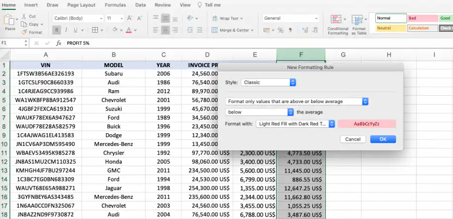 Formatação condicional no Excel — caixa de diálogo Nova Regra de Formatação definida como abaixo da média com Preenchimento Vermelho Claro e Texto Vermelho Escuro
